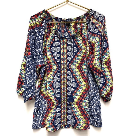 Signature Studio Peasant Blouse Top Size Large Tassels Colorful Lightweight Boho - Picture 1 of 10
